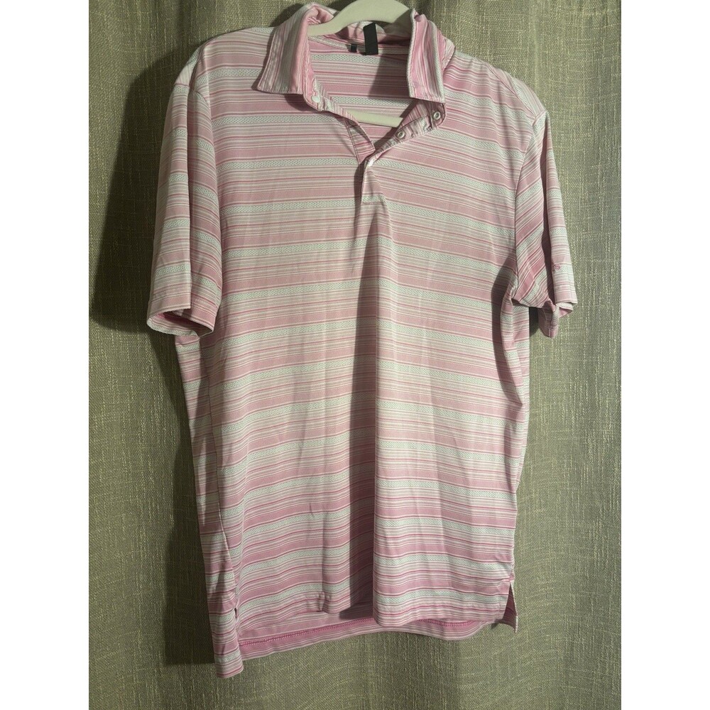 adidas Men’s Pink/White Striped Short Sleeve Polo Collared Logo Button L